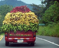 a truck filled with lots of bananas driving down the road