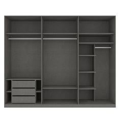 an open closet with drawers and shelves on the bottom shelf, in dark grey color