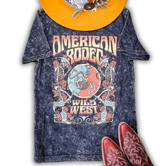 Get ready to rock the edgy American Rodeo Graphic Tee in Black with its bold mineral wash and laid-back boyfriend fit. This tee screams attitude with its unique design featuring cowboy skeletons, perfect for adding a touch of rebellion to your wardrobe. It's not just a t-shirt; it's a statement piece that blends the classic band tee aesthetic with a Western twist. This iconic piece will have you standing out from the crowd and exuding confidence wherever you go. GRAPHIC TEE ONLY! ALL OTHER ITEMS Band Tee Aesthetic, Black Western Graphic Tee, Black Graphic Print T-shirt For Rodeo, Oversized Graphic Print T-shirt For Rodeo, Retro Rodeo Crew Neck T-shirt, Vintage Relaxed Fit T-shirt For Rodeo, Boyfriend Fit, Band Tees, Black Tee