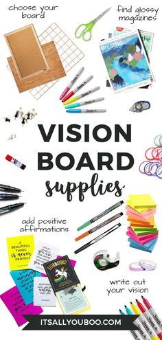 a poster with the words vision board supplies on it