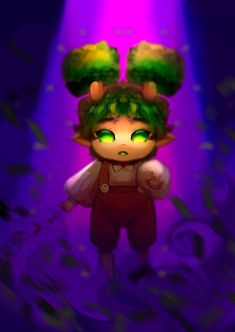 a digital painting of a girl with green hair and big ears standing in front of a purple background