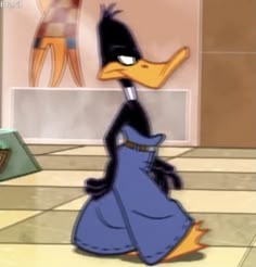 a cartoon duck wearing a blue dress