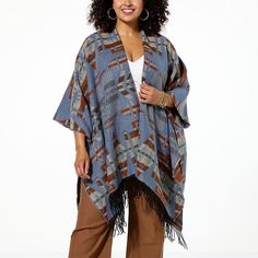 Vince Camuto Western Jacquard Open Front Poncho Embrace the spirit of the untamed West with a jacket that beautifully juxtaposes historical inspiration with modern-day charm. It's a perfect blend of tradition and style for the modern pioneer. The distinct western-designed jacquard patterns evoke the rich cultural tapestry of the American West, offering a stylish nod to its storied past, while the playful fringe trim moves with you, echoing the freedom of the open range and making a bold statemen Fall Outerwear With Kimono Sleeves In One Size, One Size Fall Outerwear With Kimono Sleeves, Open Front Poncho, Open Range, Fringe Fashion, Poncho Pattern, Jacquard Sweater, Poncho Style, Jacquard Pattern