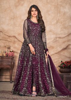 Gorge your wardrobe with the luxury of this exquisite Plum Wine Net Anarkali Suit. Masterfully crafted with Zari & Sequins Work Embroidery, this dress is perfect for special occasions like weddings and bridal events. It comes with a matching satin pant bottom and Net Dupatta with embroidery, so you'll look like a stunner when you style it with traditional jewelry and accessories. It's a surefire way to make a statement!

✨ Our Plum Wine Net Embroidered Pant Style Anarkali Suit is now available to order online at empress-clothing.com!

💰 - $69.99/- USD

🔍 Product Code – “TW10192” 

🛍️ Shop Now - https://empress-clothing.com/en-in/collections/new-arrivals/products/plum-wine-net-embroidered-pant-style-anarkali-suit

#EmpressClothing #EmpressClothing #anarkali #anarkalidress #anarkalikurti Satin Anarkali, Pakistani Gown, Net Anarkali, Celana Fashion, Indian Suit, Long Anarkali, Trendy Suits, Anarkali Salwar, Embroidered Anarkali