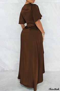 Olivia Mark - Womens Burgundy Solid Patchwork V-Neck Short Sleeve Dress - Perfect for Casual Occasions Brown V-neck Solid Color Dress, Brown V-neck Solid Dress, Brown V-neck Dress, Brown V-neck Solid Color Maxi Dress, Brown V-neck Maxi Dress For Work, Brown V-neck Maxi Dress, Brown Short Sleeve Maxi Dress For Party, Brown Short Sleeve Office Dress, Brown Surplice Neckline Dress