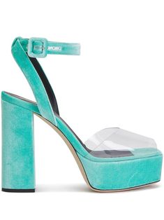 120mm velvet platform sandals from Giuseppe Zanotti featuring teal blue, leather lining, velvet effect, transparent design, branded insole, open toe, buckle-fastening ankle strap and high block heel. Abba Outfits, Teal Heels, Heels Low Heel, Stiletto Heels Sandals, Bad Fashion, Heels Block, Athletic Sandals, Sandals Wedge, Rubber Sandals