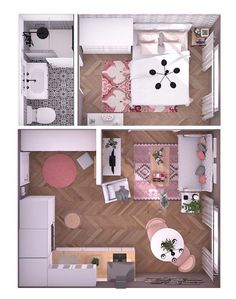 an overhead view of a bedroom and living room in a small apartment with wood flooring