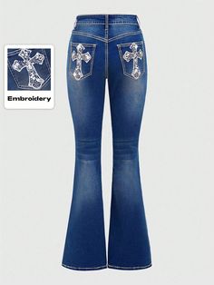 Y2k Vintage Millennial Pocket Stars, Moon, Cross Embroidered & Studded Slim Flare Jeans, School Navy Blue Casual   Woven Fabric Animal,Butterfly,All Over Print Flare Leg High Stretch  Women Clothing, size features are:Bust: ,Length: ,Sleeve Length: Womens Flare Jeans, Punk Woman, Flare Long Sleeve, Flare Leg Jeans, Women Denim Jeans, Kids Sleepwear, Casual Fall, Punk Fashion, Knitwear Women