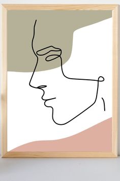 Man Line Art. One line drawing man face with pink and olive green bohemian shapes. Line Art Faces Abstract, Male Line Art Drawings, Masculine Line Art, Line Art Man Face, Minimalist Line Art Face, Man Line Drawing, Line Art Male, Male Line Art, Side View Of Face