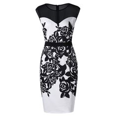 Plus Size Flower Print Mesh Panel Work Dress - White And Black - 3H62178712 - Women's Clothing, Plus Size Women's Clothing  #PlusSizeWomensClothing #Women's #Clothing # #Plus #Size #Women's #Clothing Formal Fitted Sleeveless Dress With Floral Print, Elegant Black Sleeveless Dress With Floral Print, Fitted Floral Print Office Dresses, Fitted Black Sleeveless Dress With Floral Print, Fitted Floral Print Sleeveless Sheath Dress, Work Wear Office, Summer Bodycon Dress, Work Dress, Work Wear Women