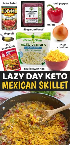 the mexican skillet recipe is shown with ingredients and instructions for it to make it