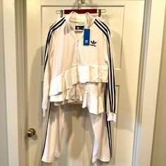 New With Tags. Pants Are A Large But Have A Drawstring Waist. Jacket Is A Medium. Htf! Sporty White Pants For Fall, White Adidas Athleisure Pants, Adidas White Athleisure Pants, Adidas White Lounge Pants, Adidas White Streetwear Pants, Adidas Tech, Womens Straight Leg Pants, Workout Pants Women, Adidas Sweats