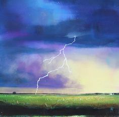 a painting of a lightning bolt in the sky over a green field with trees and grass