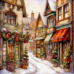 a watercolor painting of a snowy street with shops and christmas decorations on the windows