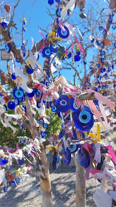 a tree covered in lots of blue and white glass eyeballs hanging from it's branches