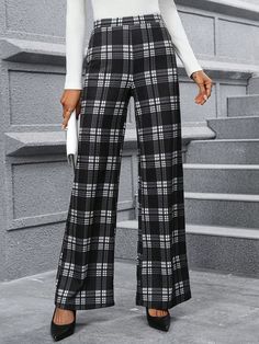 Women's Autumn/Winter Classic Black And White Plaid Straight Leg Pants, Versatile For Commuting And Outdoor Fall Pants Black and White Casual   Knitted Fabric Plaid Flare Leg Medium Stretch  Women Clothing, size features are:Bust: ,Length: ,Sleeve Length: Fall Pants, Black And White Plaid, Fall Outdoor, Black And White Prints, Women's Shapewear, Inspiration Mode, White Casual, White Plaid, Womens Fall