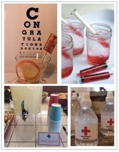 the collage shows several different types of medical supplies and bottles with liquid in them