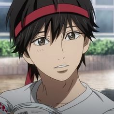 an anime character with black hair wearing a red headband and looking at the camera