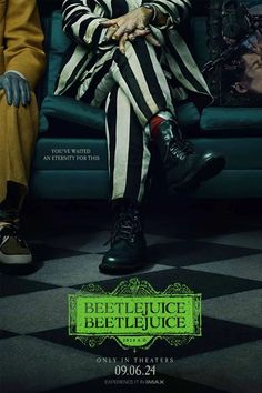 a movie poster for beetlejuice and the person in striped suit sitting on a couch