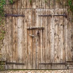 an old wooden door with iron bars on the side and ivy growing up around it