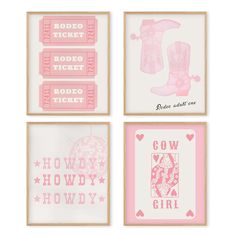 four pink and white prints with cowboy boots on them, one is for the girl