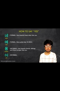 a woman standing in front of a blackboard with the words how to say yes