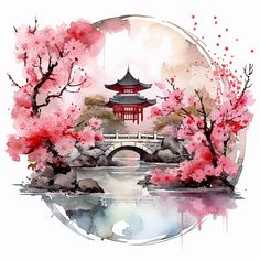 Japanese Nature Painting, Watercolor Painting Beautiful, Japanese Paintings, Garden Clipart, Watercolor Water, Bear Clipart, Japanese Artwork, Drawing Clipart, Watercolor Projects