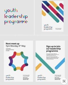 four brochures with different colors and shapes on the front, back and sides