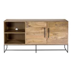 the sideboard is made out of wood and has metal legs, two shelves, and an open door