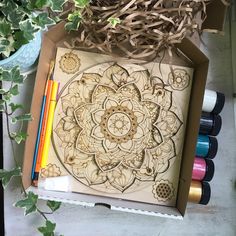 a box with some crafting supplies on top of it next to plants and scissors