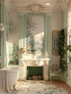 the bathroom is decorated in pastel green and has a fireplace, tub, sink, and mirror