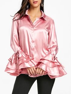 Bell Layered Sleeve Satin Shirt - Denim Jumpsuit Outfit, Latest Tops For Women, Off Shoulder Shirt, Cheap Blouses, Elegant Attire, Rose Blush, Satin Blouses, Purple Rose, Satin Shirt