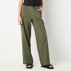 This pair of women's pull-on cargo pants by Stylus are made for style and comfort but built for utility and performance. Cut for a mid-rise from stretch woven quick-dry fabric, and they have a comfortable elastic waistband, traditional cargo-style pocketing, and wide legs. Wear them with a t-shirt and cardigan.Front Style: Flat FrontClosure Type: Elastic BackFit: Loose FitPockets: 2 Front Slip PocketsRise: High RiseFiber Content: 95% Polyester, 5% SpandexFabric Description: Woven, Plain WeaveIns Women Cargo Pants, Pants Cargo, Cargo Style, Cargo Pant, Wide Legs, Medium Long, Long Pants, Stylus, Short Pants