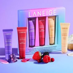 LANEIGE On-the-Glow Lip Balm Trio Linage Lip Balm, Vanilla Laneige, Pastel Vanity, Lip Glowy Balm, Skincare Sets, Dream Products, Girly Christmas Gifts, Glow Balm