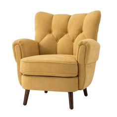 a yellow chair with buttons on the back and arm rests against a white background,