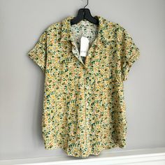 Nwt Yellow Floral Ditsy Print Button Up Short Sleeve Shirt/Blouse 100% Cotton Size Large Cheap Printed Button-up Blouse, Trendy Yellow Blouse With Floral Print, Yellow Summer Shirt With Buttons, Yellow Buttoned Summer Shirt, Yellow Floral Print Top For Daywear, Yellow Relaxed Fit Button-up Blouse, Yellow Printed Blouse For Day Out, Summer Ditsy Floral Print Blouse For Daywear, Yellow Floral Print Relaxed Fit Shirt