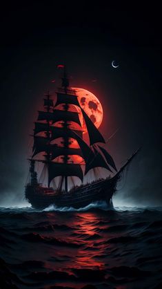 a pirate ship sailing in the ocean at night