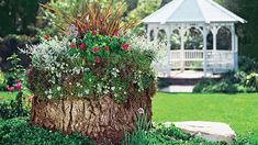 a garden with a white gazebo in the background