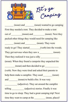 a printable worksheet for camping with the words let's go camping