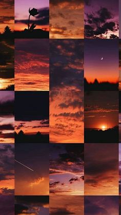 many different pictures of the sky at sunset