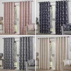 four pictures of curtains in different styles and colors