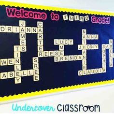 a bulletin board with crosswords on it and the words welcome to third grade