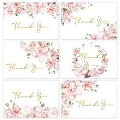 four thank cards with pink flowers and gold lettering