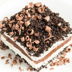 a white plate topped with a piece of cake covered in frosting and chocolate chips