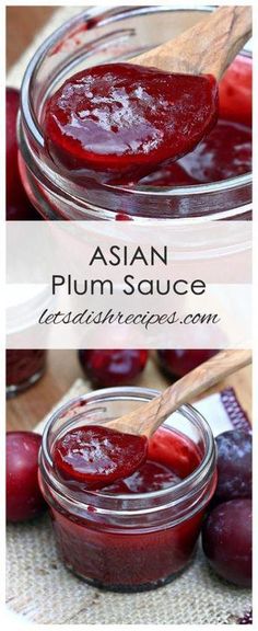 plum sauce in a glass jar with wooden spoon on the side and another image of plums behind it