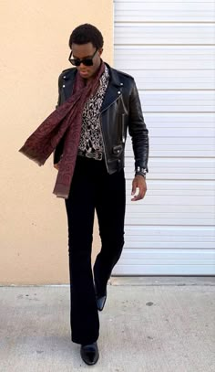 Western Rockstar Aesthetic, Rockstar Aesthetic Outfits Male, Biker Jacket Outfit Men Street Styles, Black Flare Pants Outfit Men, 70s Black Male Fashion, 70s Male Fashion Rock, 70s Rock Style Men, Mens Clubbing Outfits