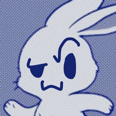 a blue and white image of a cartoon bunny with big ears, eyes wide open