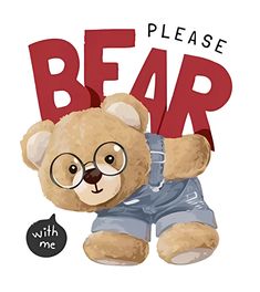 a brown teddy bear wearing glasses with the words please bear