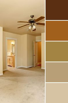 a living room filled with furniture and a ceiling fan in the middle of two walls