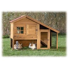 a wooden chicken coop with two chickens in it